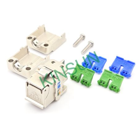 Nó cung cấp hai nắp kết thúc IDC, màu xanh lá cho AWG24–26 và màu xanh dương cho AWG22–23